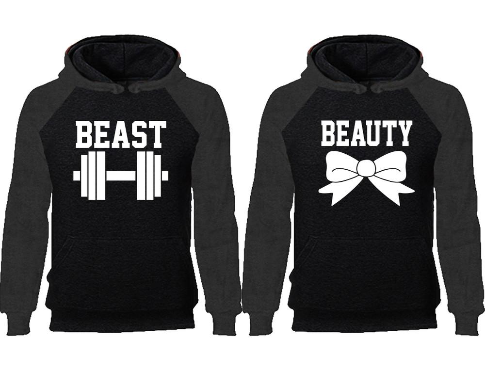 Beast Beauty couple hoodies, raglan hoodie. Charcoal Black hoodie mens, Charcoal Black red hoodie womens. 