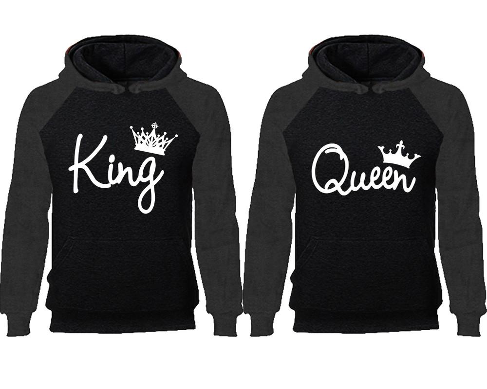 King Queen couple hoodies, raglan hoodie. Charcoal Black hoodie mens, Charcoal Black red hoodie womens. 