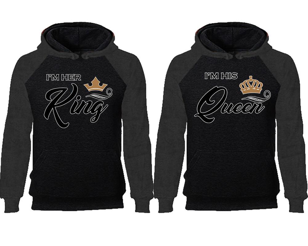 King Queen couple hoodies, raglan hoodie. Charcoal Black hoodie mens, Charcoal Black red hoodie womens. 