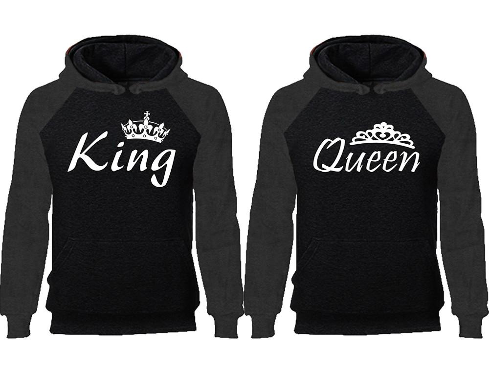 King Queen couple hoodies, raglan hoodie. Charcoal Black hoodie mens, Charcoal Black red hoodie womens. 