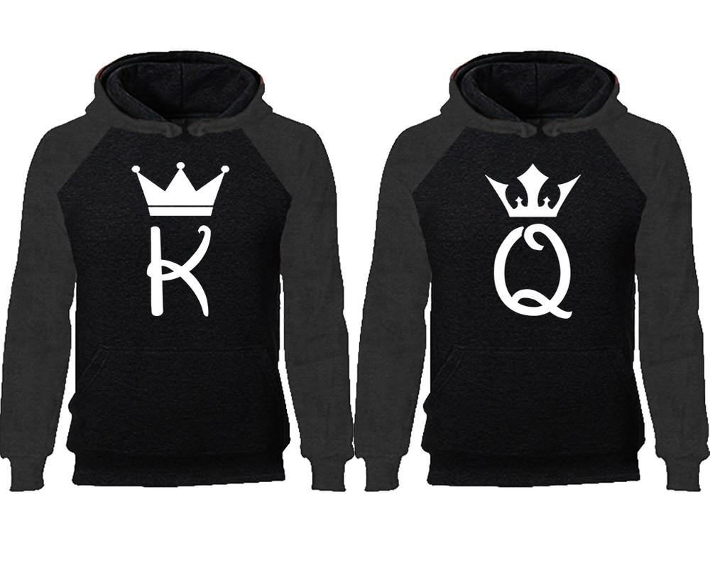 King Queen couple hoodies, raglan hoodie. Charcoal Black hoodie mens, Charcoal Black red hoodie womens. 