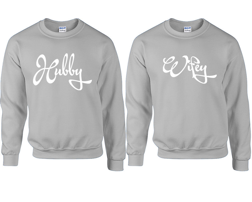 Hubby and Wifey couple sweatshirts. Sports Grey sweaters for men, sweaters for women. Sweat shirt. Matching sweatshirts for couples