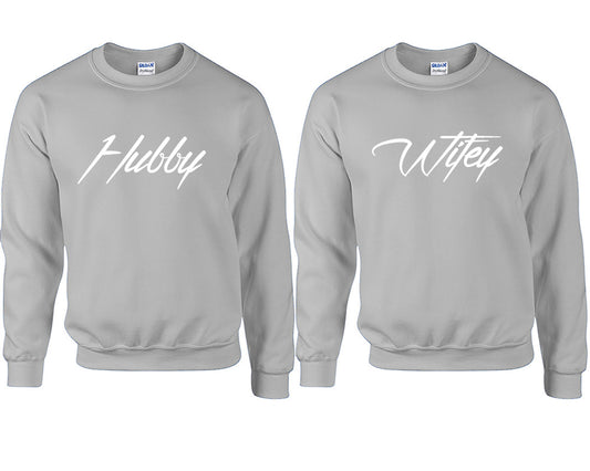 Hubby and Wifey couple sweatshirts. Sports Grey sweaters for men, sweaters for women. Sweat shirt. Matching sweatshirts for couples