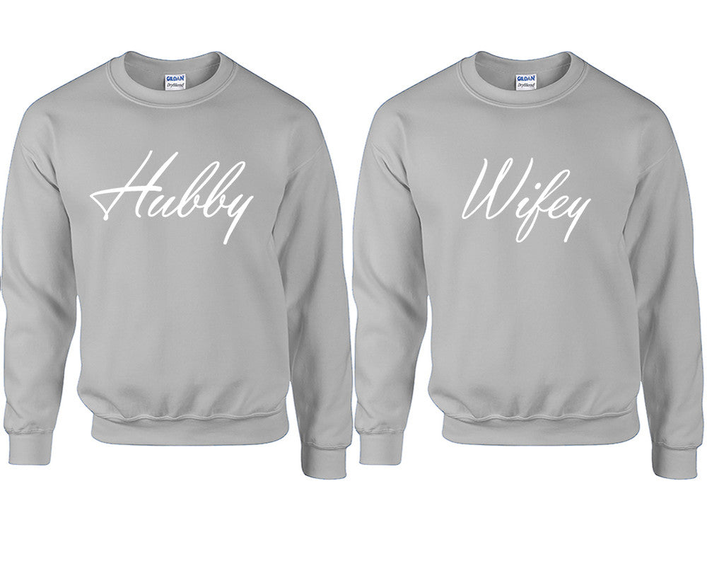 Hubby and Wifey couple sweatshirts. Sports Grey sweaters for men, sweaters for women. Sweat shirt. Matching sweatshirts for couples