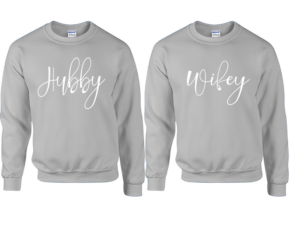 Hubby and Wifey couple sweatshirts. Sports Grey sweaters for men, sweaters for women. Sweat shirt. Matching sweatshirts for couples