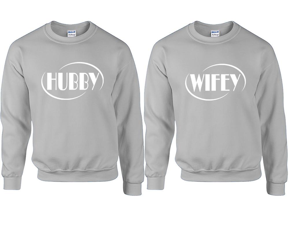 Hubby and Wifey couple sweatshirts. Sports Grey sweaters for men, sweaters for women. Sweat shirt. Matching sweatshirts for couples