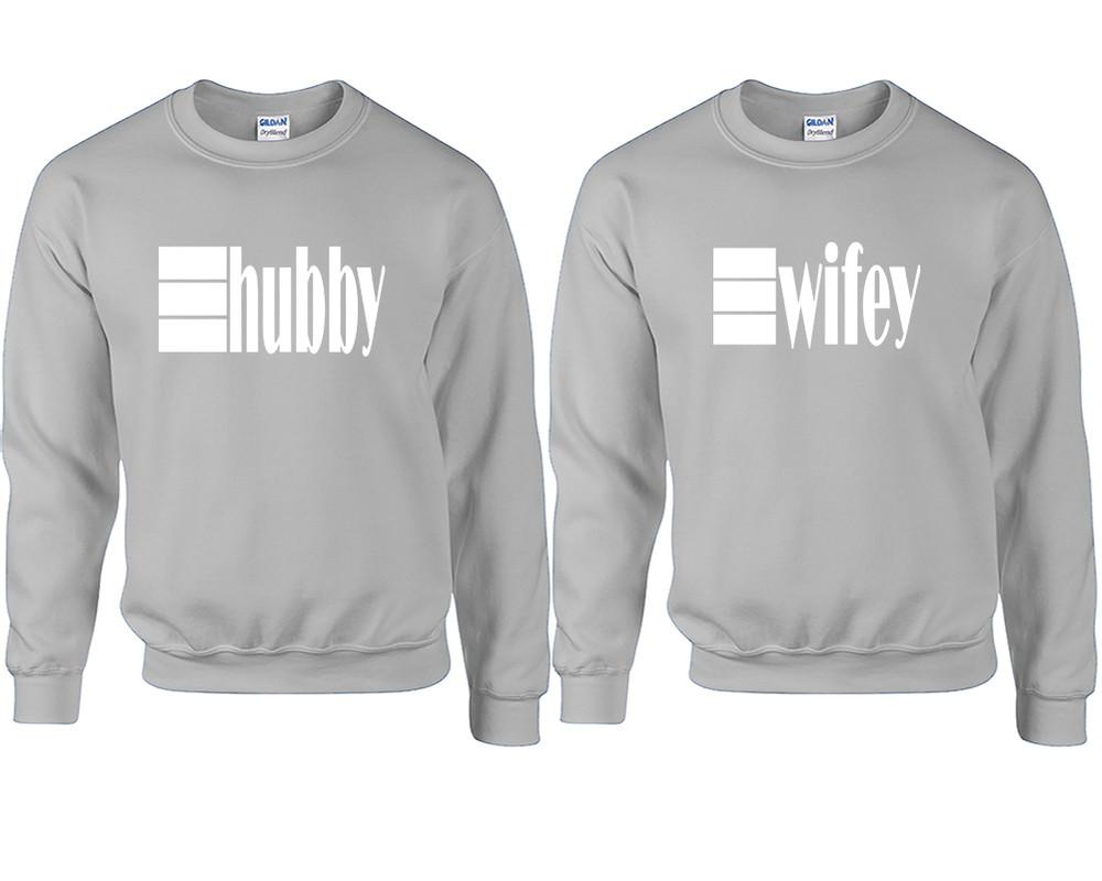 Hubby and Wifey couple sweatshirts. Sports Grey sweaters for men, sweaters for women. Sweat shirt. Matching sweatshirts for couples