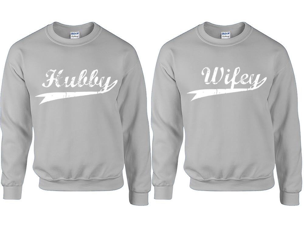 Hubby Wifey couple sweatshirts. Sports Grey sweaters for men, sweaters for women. Sweat shirt. Matching sweatshirts for couples