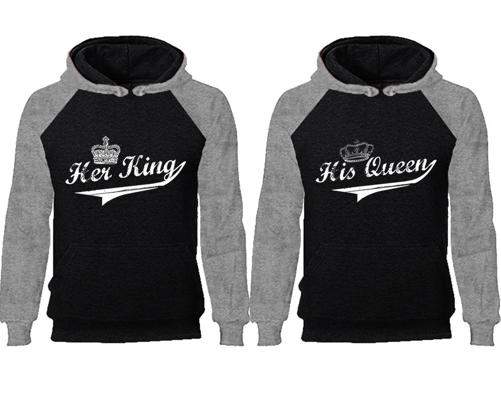 Her King His Queen couple hoodies, raglan hoodie. Grey Black hoodie mens, Grey Black red hoodie womens. 