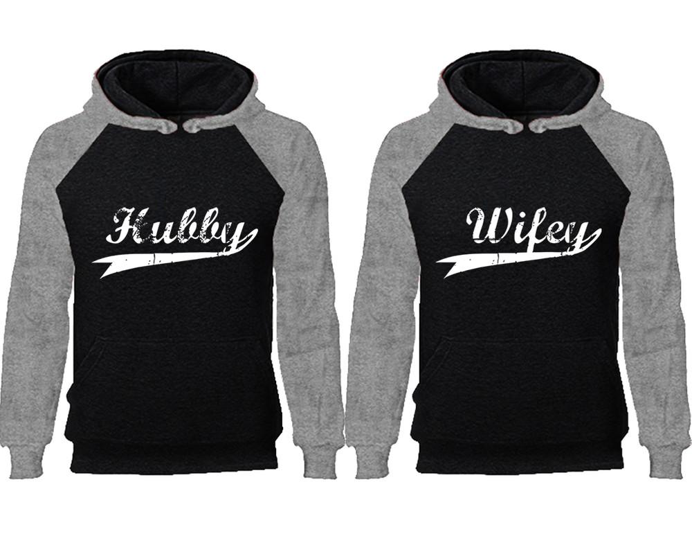 Hubby Wifey couple hoodies, raglan hoodie. Grey Black hoodie mens, Grey Black red hoodie womens. 