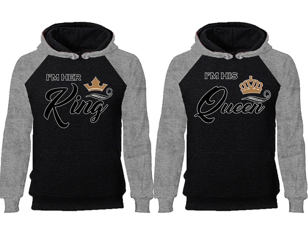 King Queen couple hoodies, raglan hoodie. Grey Black hoodie mens, Grey Black red hoodie womens. 