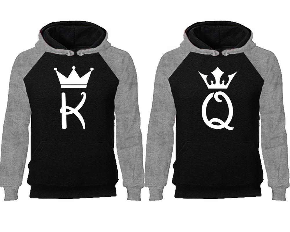 King Queen couple hoodies, raglan hoodie. Grey Black hoodie mens, Grey Black red hoodie womens. 