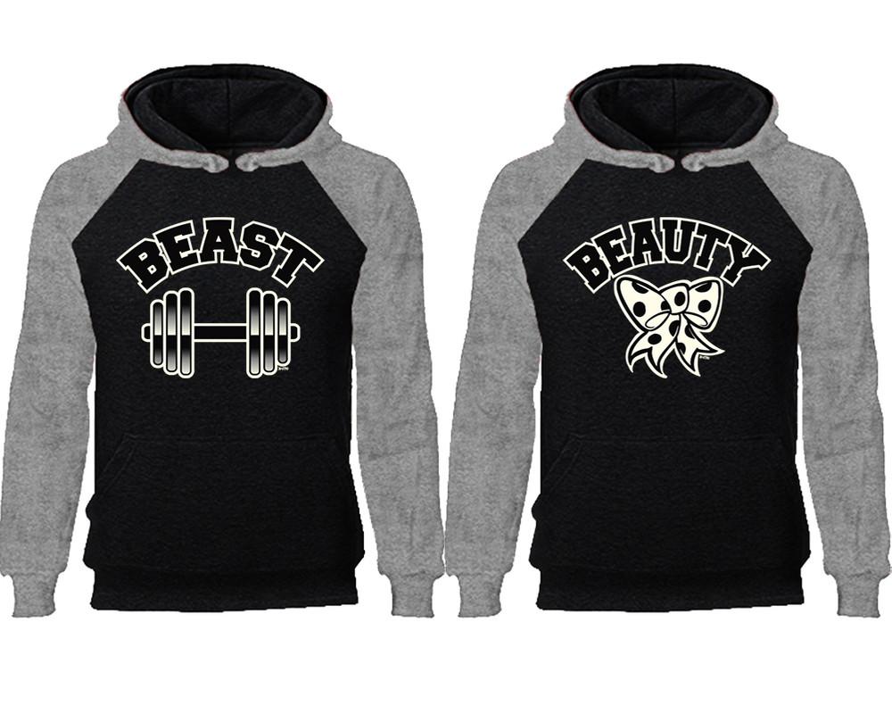 Beast Beauty couple hoodies, raglan hoodie. Grey Black hoodie mens, Grey Black red hoodie womens. 