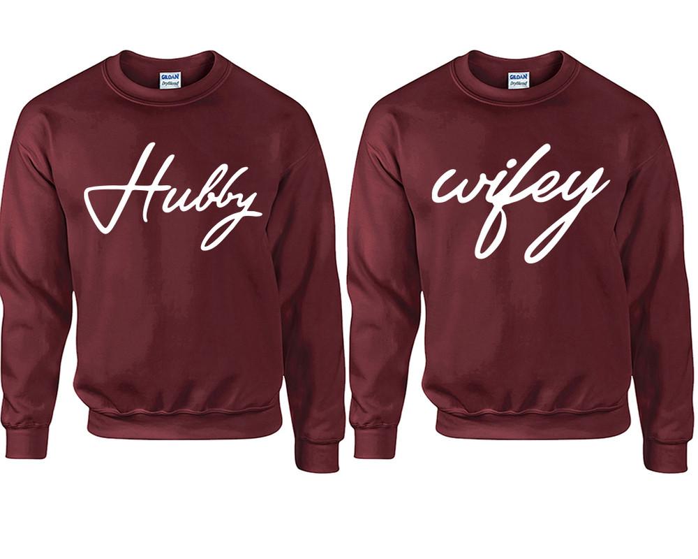 Hubby Wifey couple sweatshirts. Maroon sweaters for men, sweaters for women. Sweat shirt. Matching sweatshirts for couples