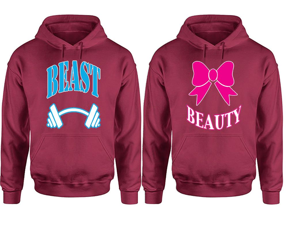 Beast Beauty hoodie, Matching couple hoodies, Maroon pullover hoodies. Couple jogger pants and hoodies set.