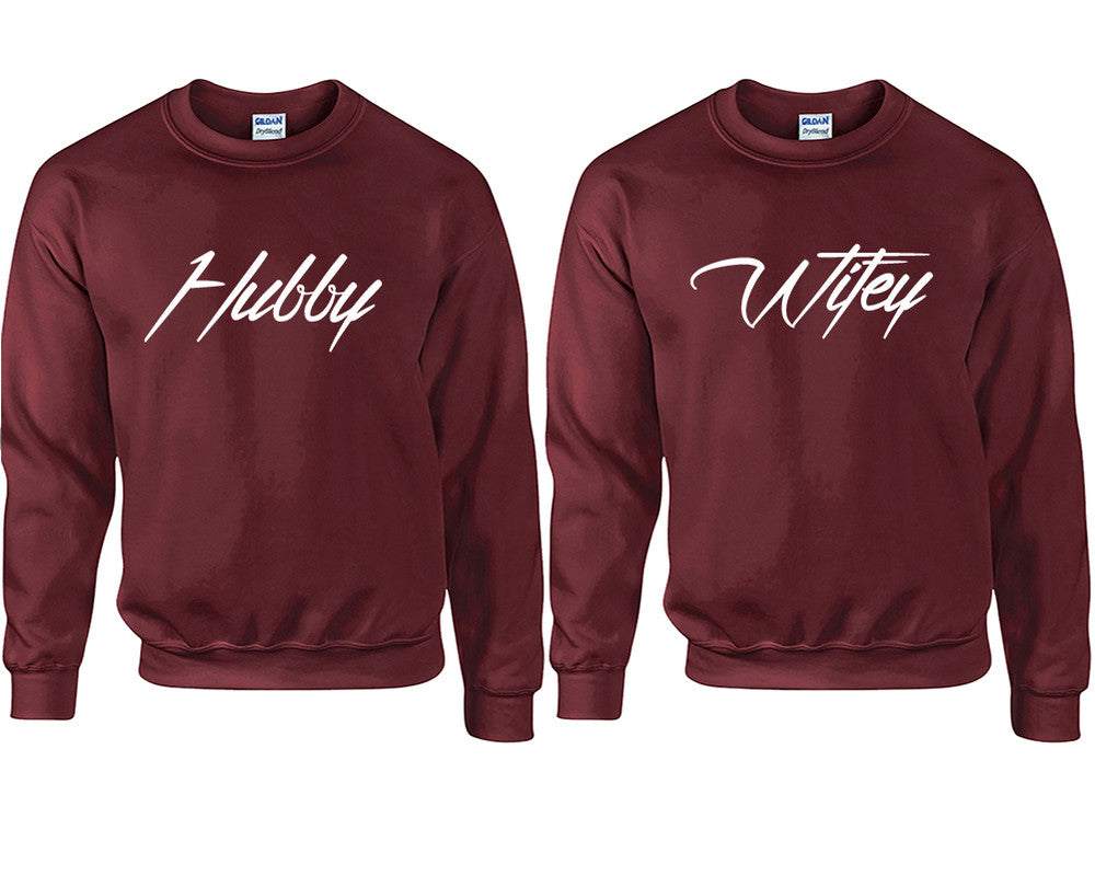 Hubby and Wifey couple sweatshirts. Maroon sweaters for men, sweaters for women. Sweat shirt. Matching sweatshirts for couples