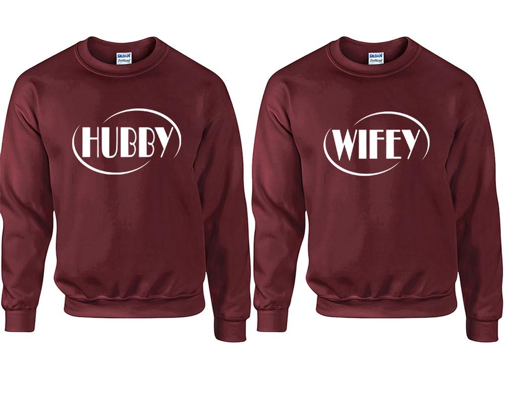 Hubby and Wifey couple sweatshirts. Maroon sweaters for men, sweaters for women. Sweat shirt. Matching sweatshirts for couples