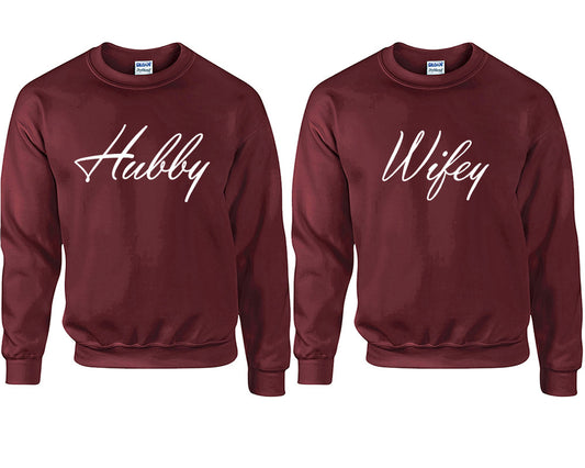 Hubby and Wifey couple sweatshirts. Maroon sweaters for men, sweaters for women. Sweat shirt. Matching sweatshirts for couples