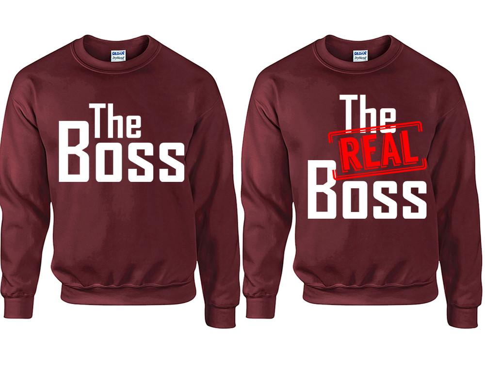 The Boss The Real Boss couple sweatshirts. Maroon sweaters for men, sweaters for women. Sweat shirt. Matching sweatshirts for couples