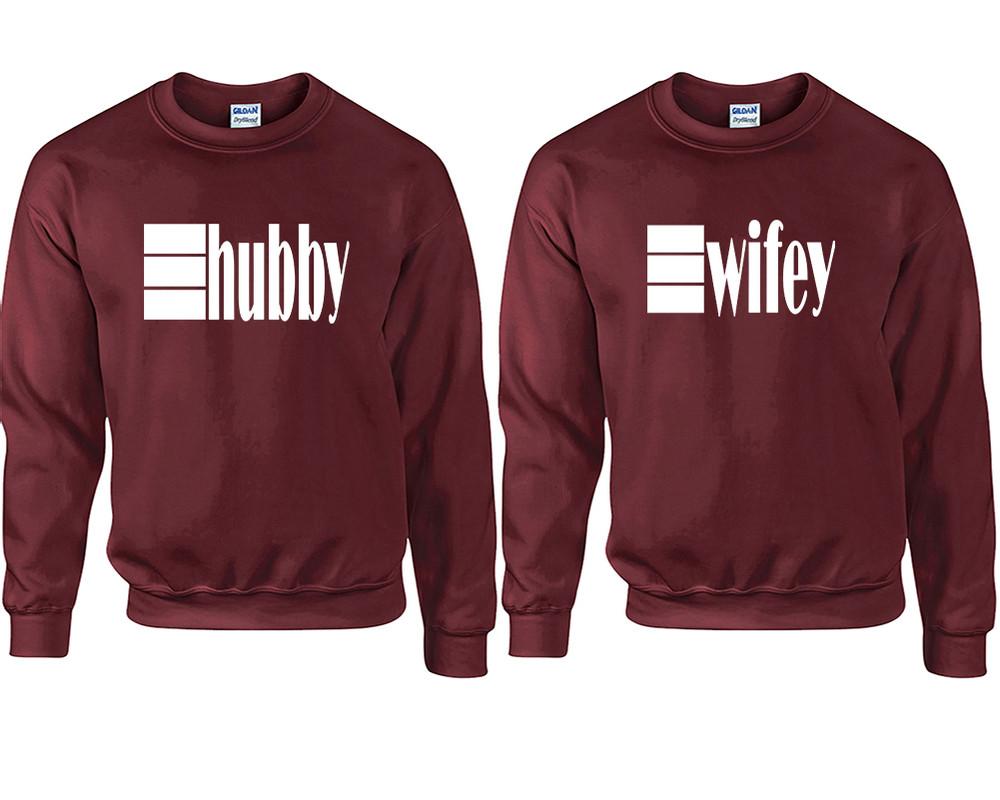 Hubby and Wifey couple sweatshirts. Maroon sweaters for men, sweaters for women. Sweat shirt. Matching sweatshirts for couples