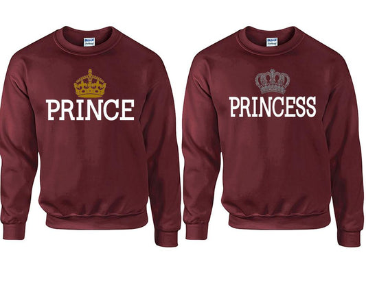 Prince Princess couple sweatshirts. Maroon sweaters for men, sweaters for women. Sweat shirt. Matching sweatshirts for couples