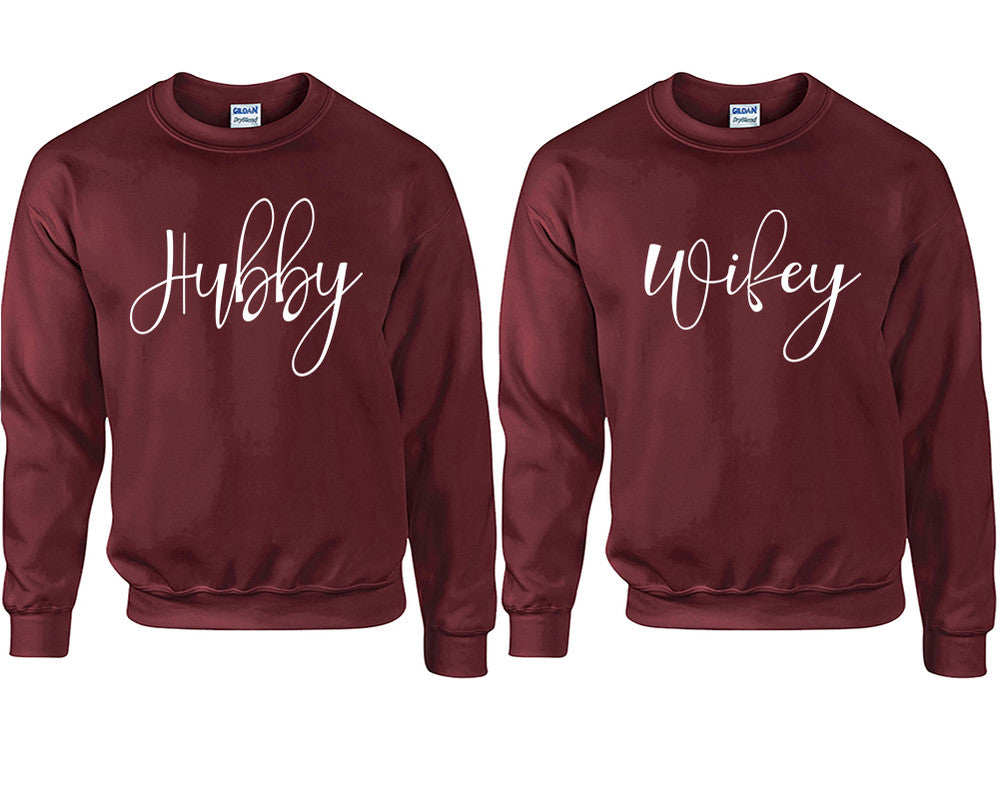 Hubby and Wifey couple sweatshirts. Maroon sweaters for men, sweaters for women. Sweat shirt. Matching sweatshirts for couples