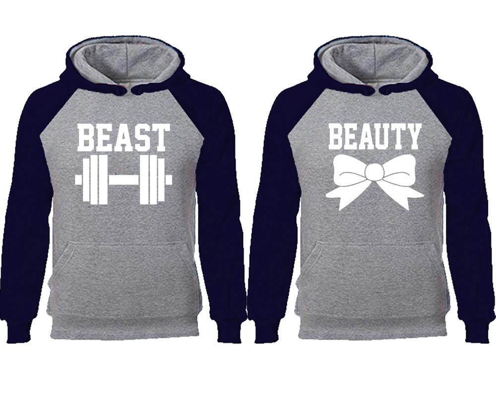 Beast Beauty couple hoodies, raglan hoodie. Navy Blue Grey hoodie mens, Navy Blue Grey red hoodie womens. 