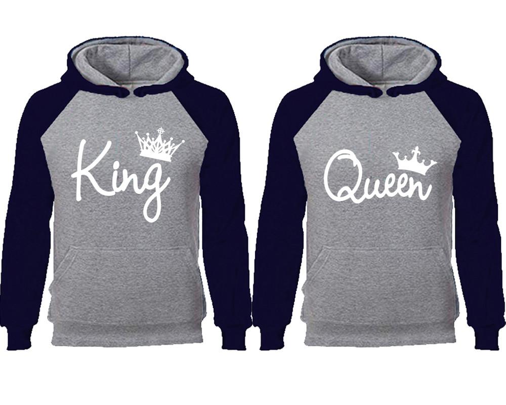 King Queen couple hoodies, raglan hoodie. Navy Blue Grey hoodie mens, Navy Blue Grey red hoodie womens. 