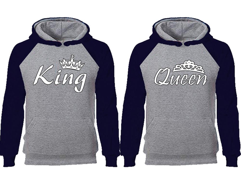 King Queen couple hoodies, raglan hoodie. Navy Blue Grey hoodie mens, Navy Blue Grey red hoodie womens. 