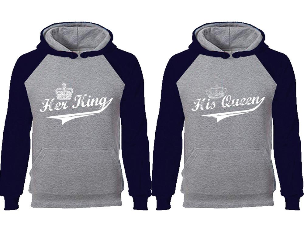 Her King His Queen couple hoodies, raglan hoodie. Navy Blue Grey hoodie mens, Navy Blue Grey red hoodie womens. 