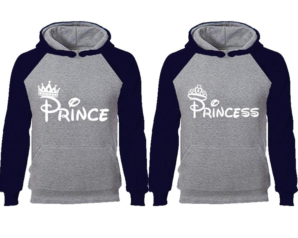 Prince Princess couple hoodies, raglan hoodie. Navy Blue Grey hoodie mens, Navy Blue Grey red hoodie womens. 