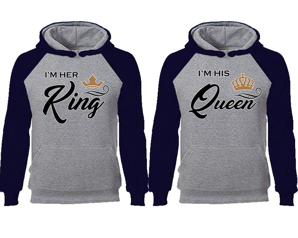 King Queen couple hoodies, raglan hoodie. Navy Blue Grey hoodie mens, Navy Blue Grey red hoodie womens. 