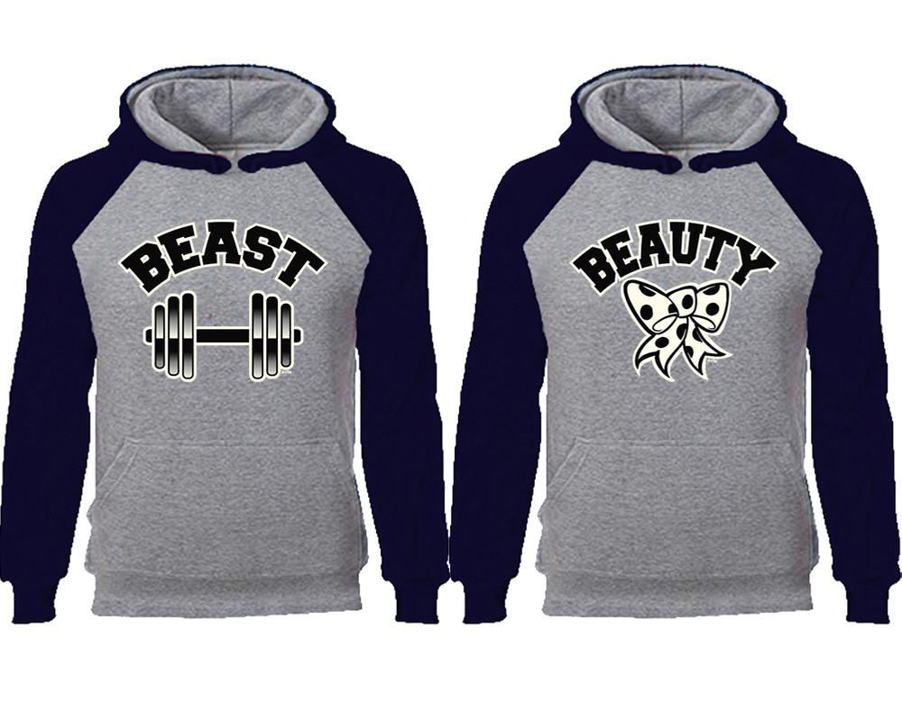 Beast Beauty couple hoodies, raglan hoodie. Navy Blue Grey hoodie mens, Navy Blue Grey red hoodie womens. 