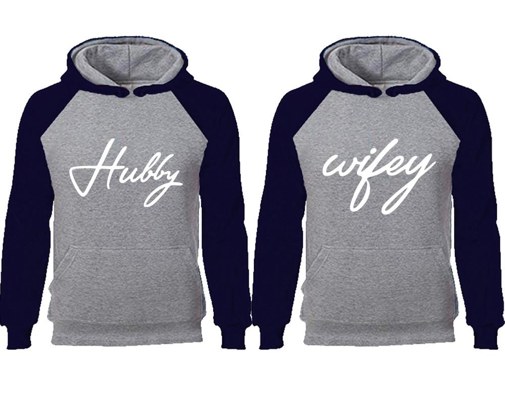 Hubby Wifey couple hoodies, raglan hoodie. Navy Blue Grey hoodie mens, Navy Blue Grey red hoodie womens. 