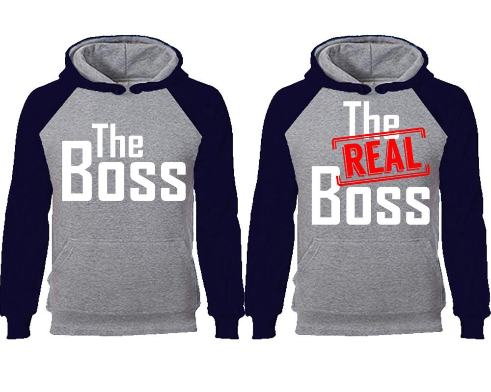 The Boss The Real Boss couple hoodies, raglan hoodie. Navy Blue Grey hoodie mens, Navy Blue Grey red hoodie womens. 