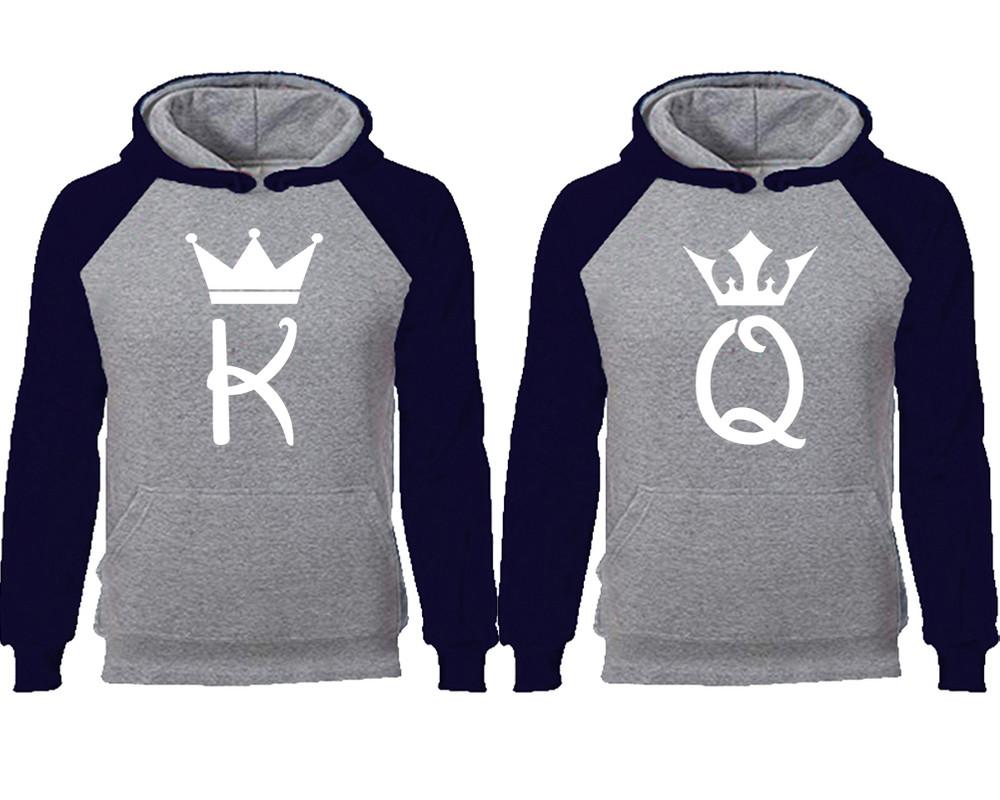 King Queen couple hoodies, raglan hoodie. Navy Blue Grey hoodie mens, Navy Blue Grey red hoodie womens. 