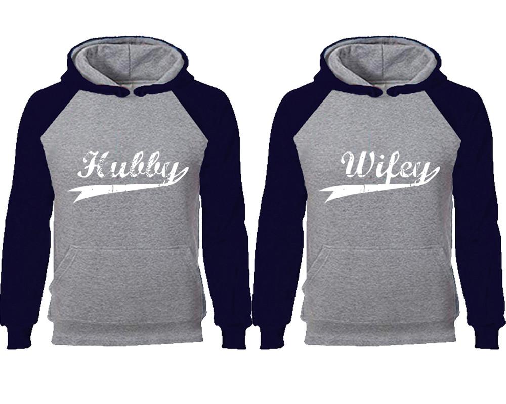 Hubby Wifey couple hoodies, raglan hoodie. Navy Blue Grey hoodie mens, Navy Blue Grey red hoodie womens. 