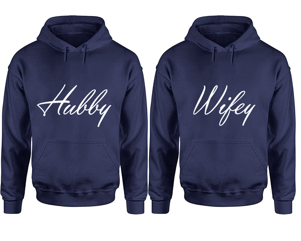 Hubby and Wifey hoodies, Matching couple hoodies, Navy Blue pullover hoodies