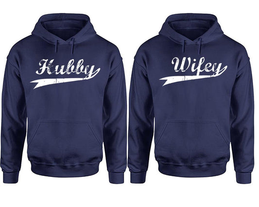 Hubby Wifey hoodie, Matching couple hoodies, Navy Blue pullover hoodies. Couple jogger pants and hoodies set.