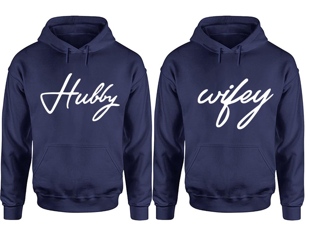 Hubby Wifey hoodie, Matching couple hoodies, Navy Blue pullover hoodies. Couple jogger pants and hoodies set.