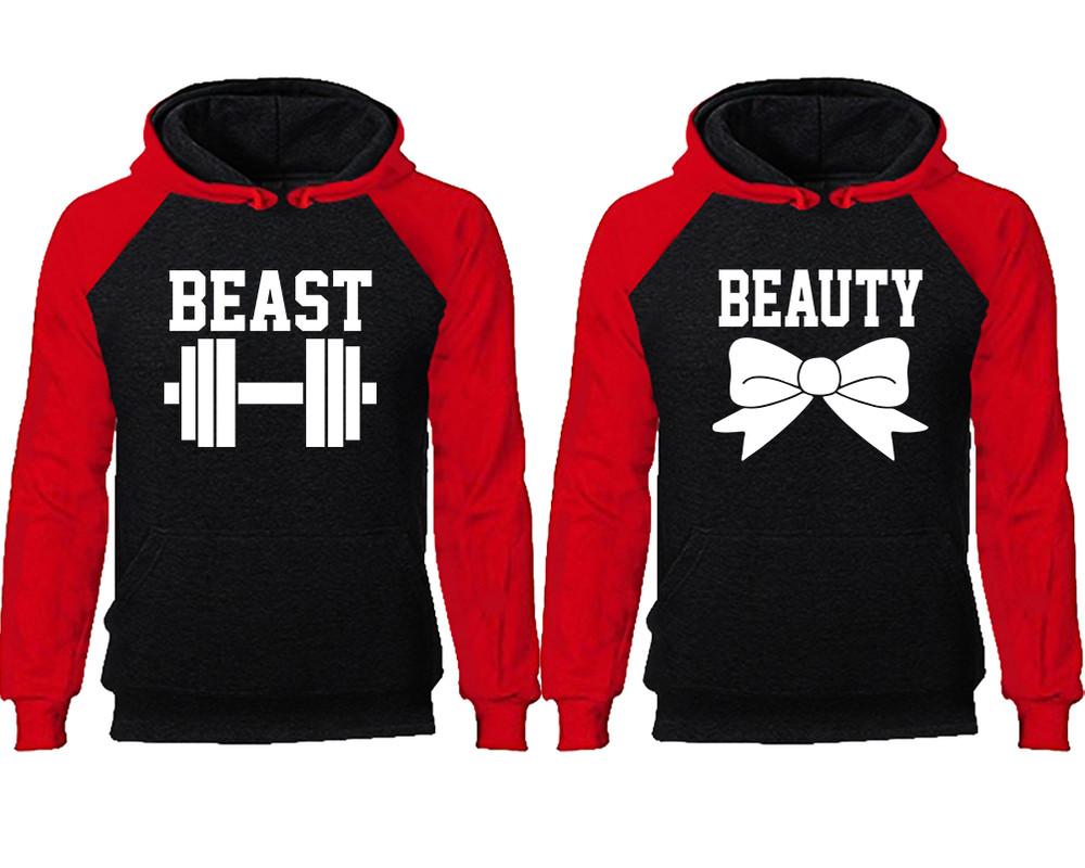 Beast Beauty couple hoodies, raglan hoodie. Red Black hoodie mens, Red Black red hoodie womens. 