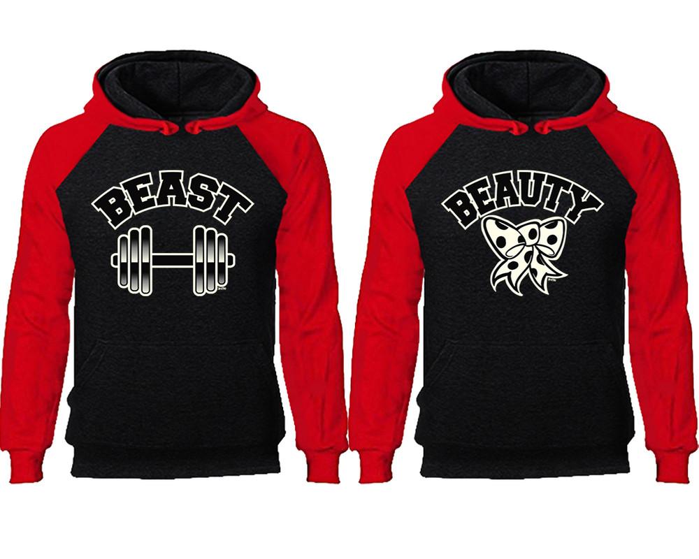 Beast Beauty couple hoodies, raglan hoodie. Red Black hoodie mens, Red Black red hoodie womens. 