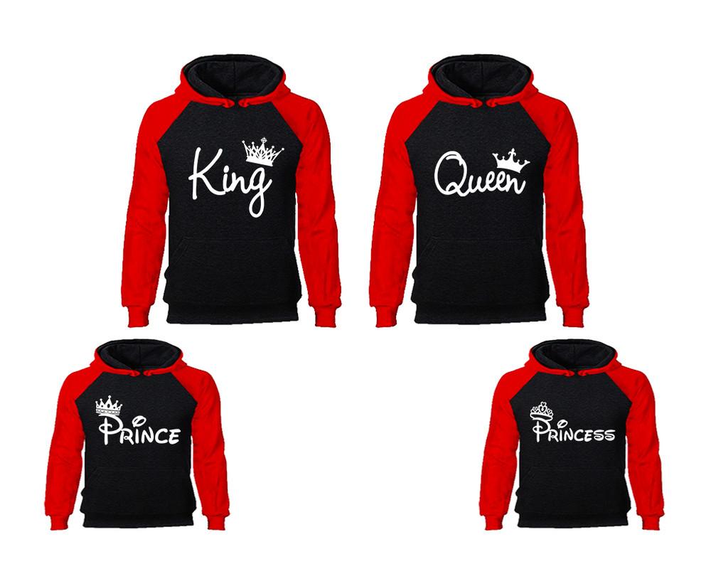 King Queen, Prince and Princess. Matching family outfits. Red Black adults, kids pullover hoodie.
