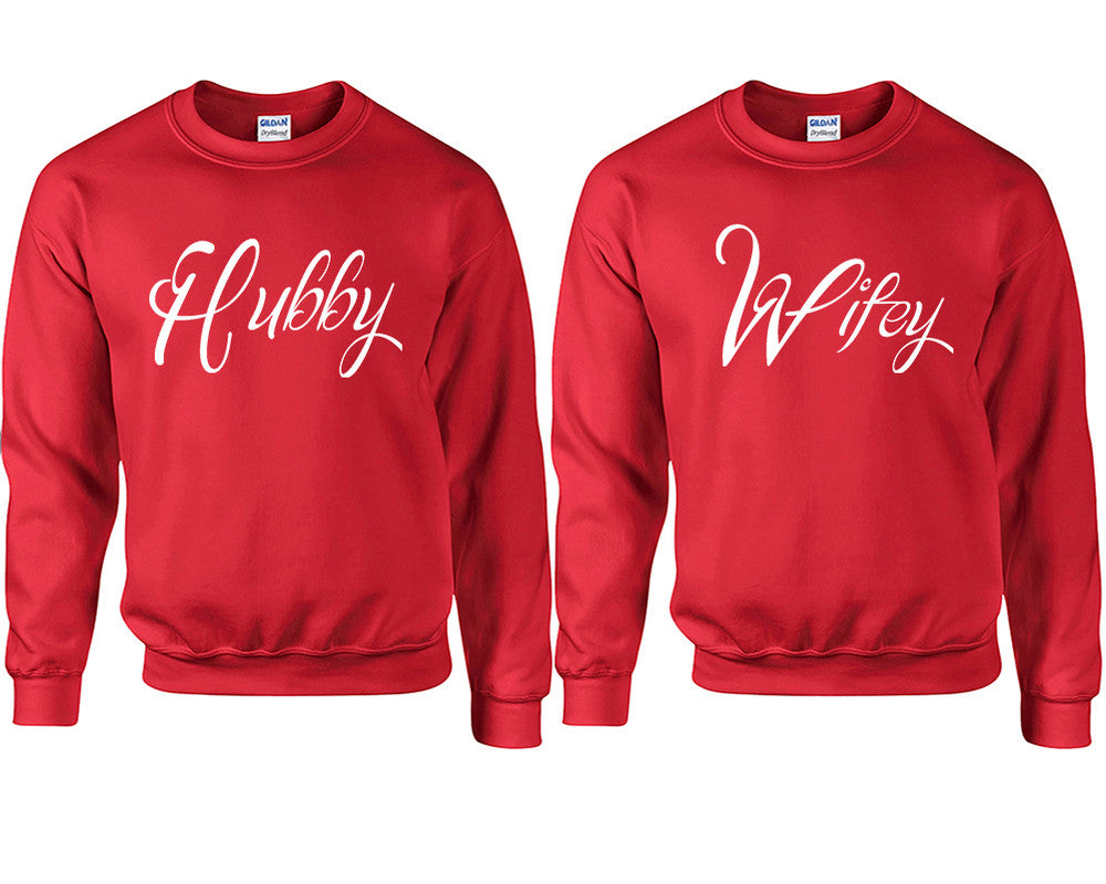 Hubby and Wifey couple sweatshirts. Red sweaters for men, sweaters for women. Sweat shirt. Matching sweatshirts for couples