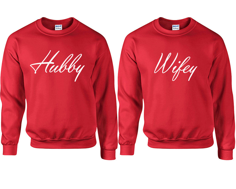 Hubby and Wifey couple sweatshirts. Red sweaters for men, sweaters for women. Sweat shirt. Matching sweatshirts for couples