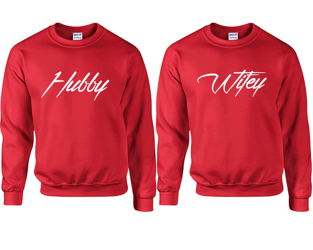 Hubby and Wifey couple sweatshirts. Red sweaters for men, sweaters for women. Sweat shirt. Matching sweatshirts for couples