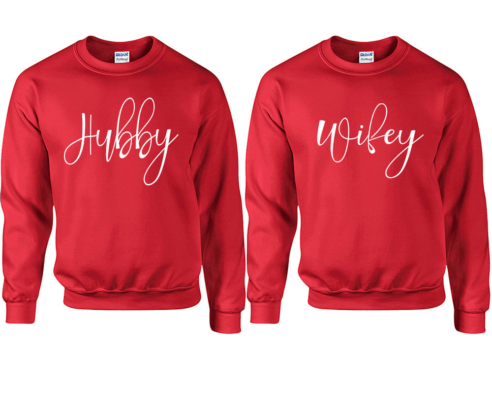 Hubby and Wifey couple sweatshirts. Red sweaters for men, sweaters for women. Sweat shirt. Matching sweatshirts for couples