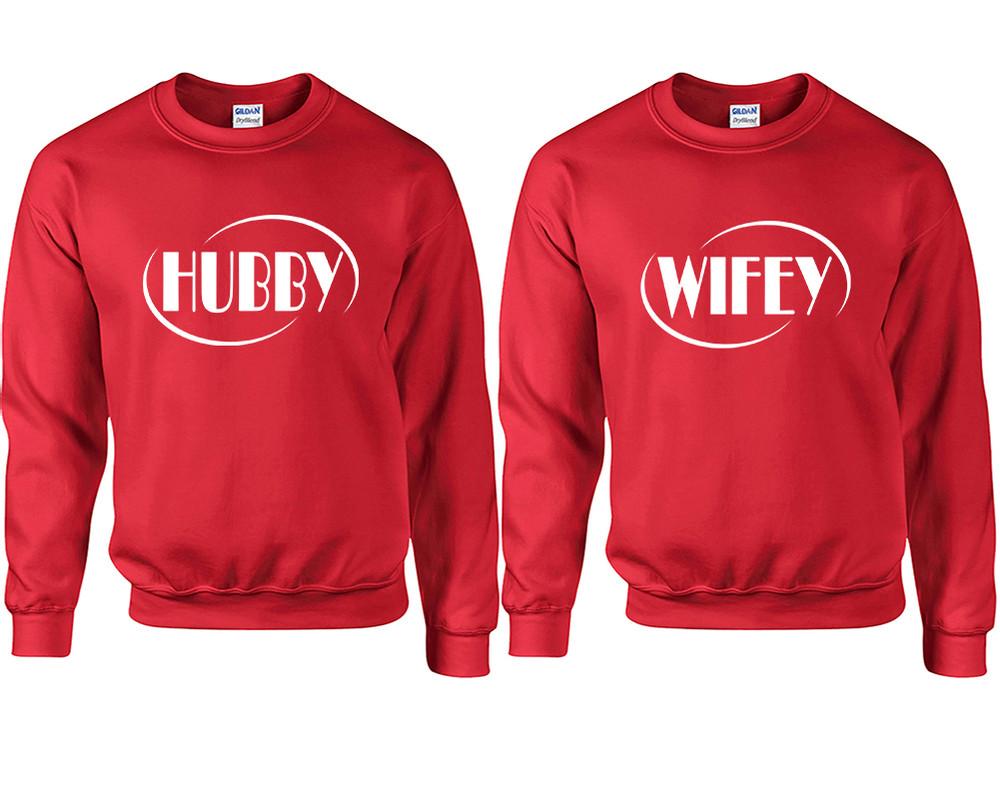 Hubby and Wifey couple sweatshirts. Red sweaters for men, sweaters for women. Sweat shirt. Matching sweatshirts for couples