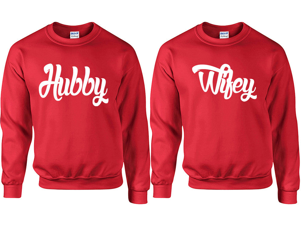 Hubby and Wifey couple sweatshirts. Red sweaters for men, sweaters for women. Sweat shirt. Matching sweatshirts for couples