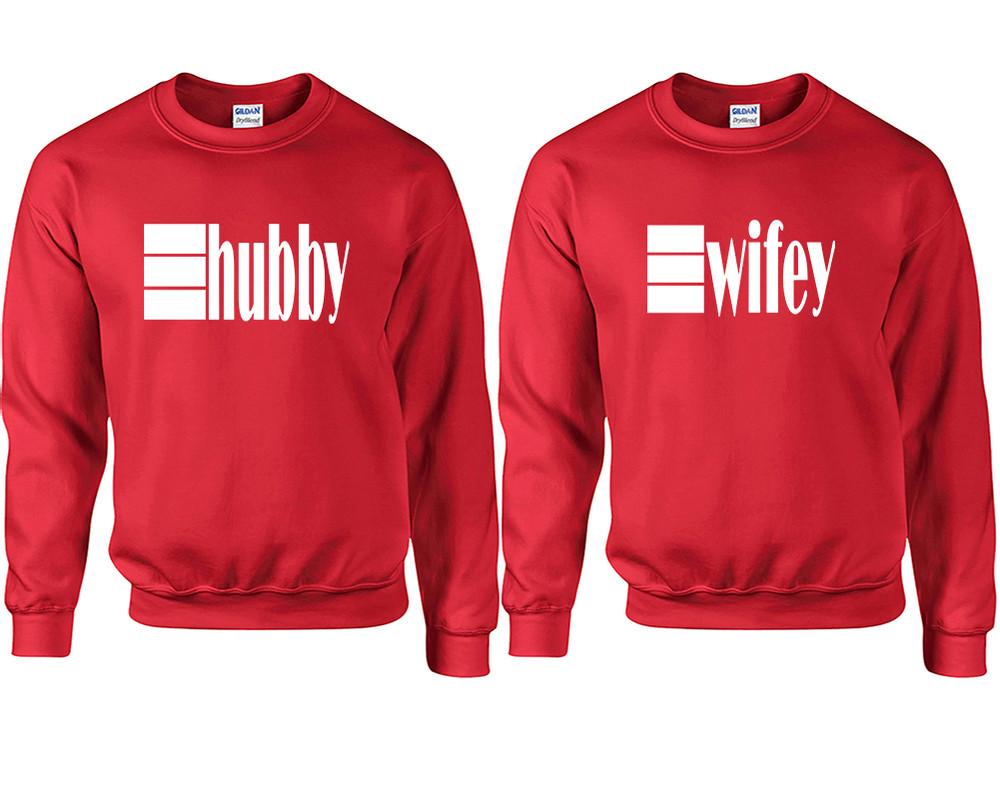 Hubby and Wifey couple sweatshirts. Red sweaters for men, sweaters for women. Sweat shirt. Matching sweatshirts for couples